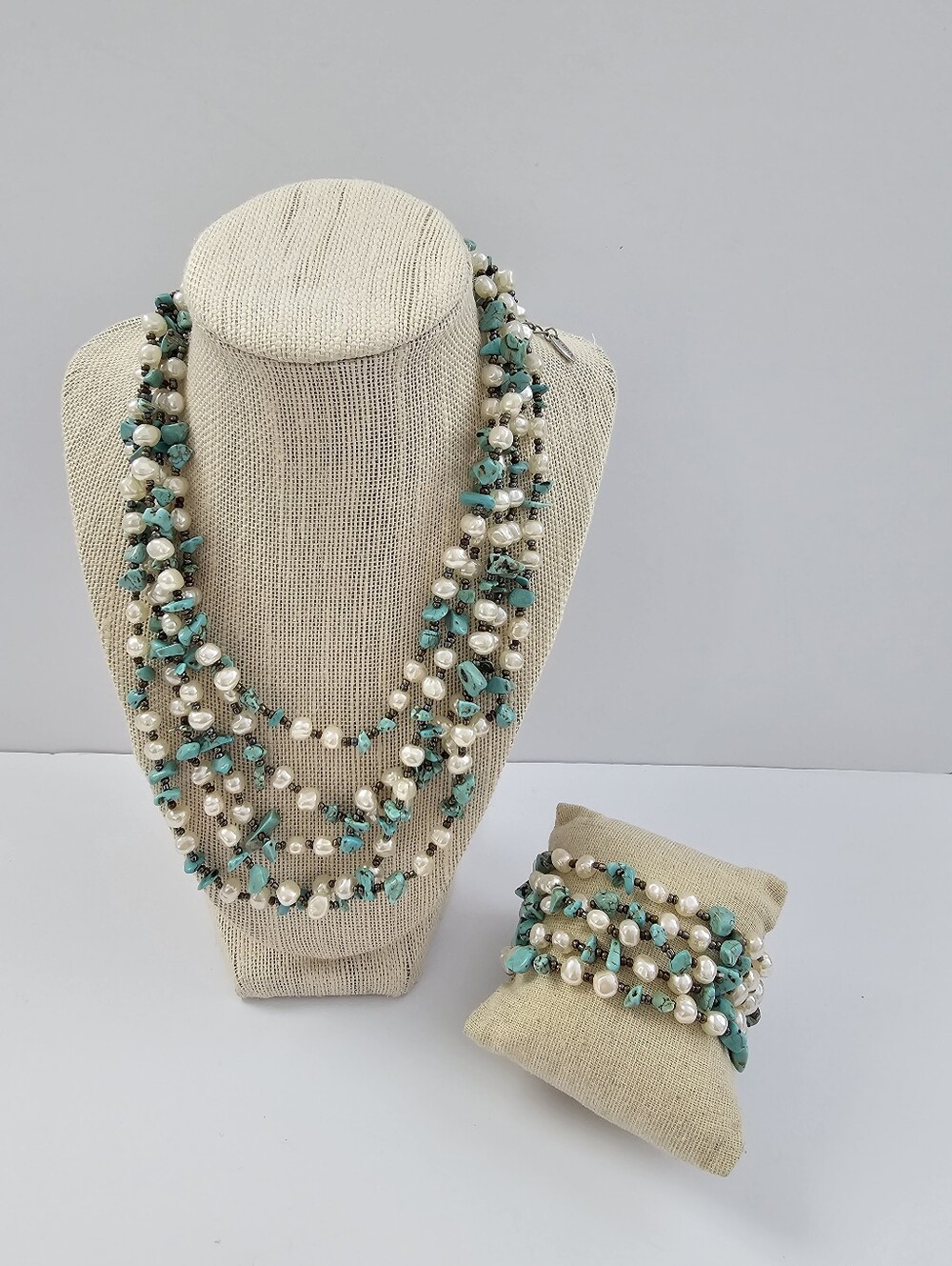 Vintage Signed GCM Chunky Faux Pearl & Turquoise Multi-Strand Set